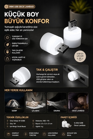 Taşınabilir Mini Usb Led Gece Lambası Tak Çalıştır 1w Sıcak Beyaz Işık Enerji Tasarruflu Kitap Okuma Aydınlatması Powerbank Kamp Laptop Araç