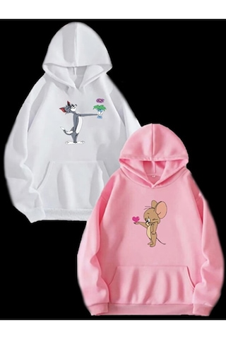 Blausee Wear Sevgili Çift Kombinleri Sevgililer Günü Cicekli Tom Ve Jery 2 Li Ürün Kapşonlu Sweatshirt Beyaz - Pembe