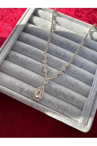 Gümüş Renk Düğün Nişan Kına Damla Zirkon Taşlı Kararmaz Paslanmaz Abiye Kolye