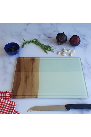 Decorita Kanallı Cam Kesme Tahtası Cam Kesme Tablası Kenarı Ahşap Desenli 25cm x 35cm