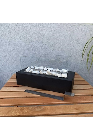 Reyo Faralya Metal Siyah Bioethanol Masaüstü Şömine Sertifikalı Yakıt Ve Taş Hediyeli