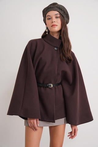 4768 Kadın Kemerli Panço Premium Kaşe Ceket Kahve Kahve