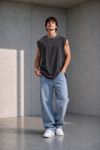 Thiff Erkek Oversize Kolsuz T-shirt Tişört Atlet Füme