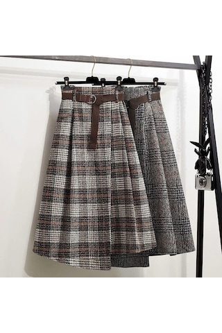 Fastbuy Sonbahar Kış Kadın Yüksek Bel A-line Vintage Ekose Elastik Bel Yün Ekose Gri Etek Gri