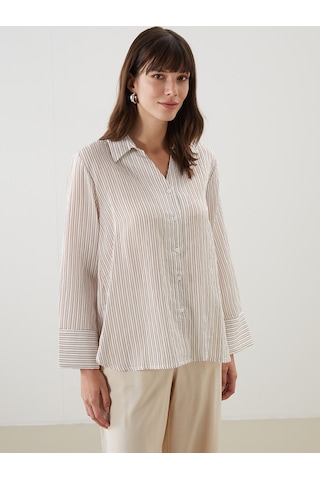 Lcw Comfort Ekru Çizgili Oversize Kadın Gömlek