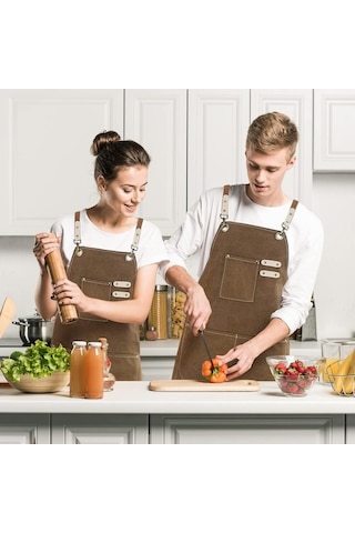Fastbuy Pamuklu Tuval Çapraz Sırtlı Önlük, Sanat Boyama Bahçe Şefi Barmen Kahverengi Diğer