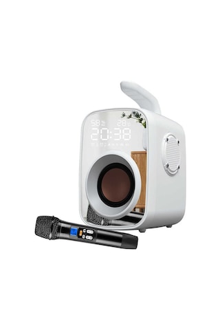 Mikrofonlu Kablosuz Bluetooth Hoparlör Kulplu, Aynalı 11w Güçlü Hi-fi Sesi, Dijital Saat Ve Fm Radyo