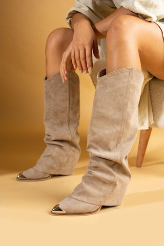 Shoetek Lavem Kadın Çizme Kovboy Körüklü Bej Süet Bej
