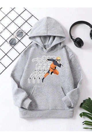 Moda Assema Çocuk Unisex Kapüşonlu Naruto Baskılı Pamuklu Sweatshirt - Gri Çok Renkli