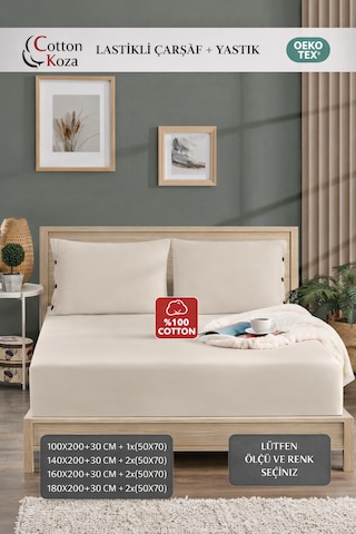 Yastık Kılıflı , Lastikli Çarşaf Takımı %100 Penye Natural Bej