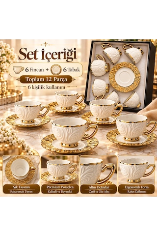 Valkyrie Hürrem Serisi 6 Kişilik 12 Parça Kahve Fincan Takımı 100ml Kabartmalı Altın Detaylı Set Beyaz Altın