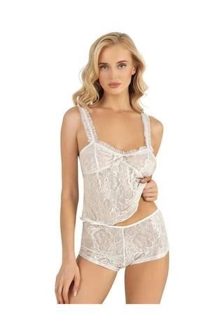 Ekru Saten Şort Takımı 9221 Ekru