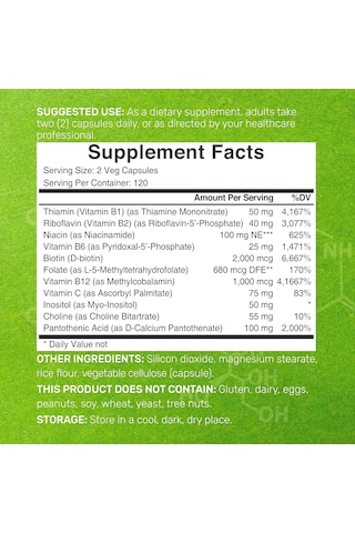 Deal Supplement Bioactive Vitamin B Complex Immune Choline İnositol Folate Energy 240 Veggie Caps