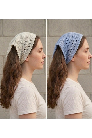 Mavi Renkli File Model Bandana, El Yapımı Örgü Bandana Mavi - Gümüş