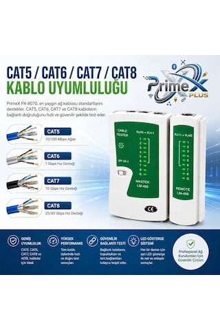 Primex Px-8070 Rj45 Rj11 Kablo Test Cihazı, Cat5 Cat6 Cat7 Cat8 Lan Ethernet Kablo Tester, Adsl Telefon Ve İnternet Kablosu Kontrol Cihazı, Led Göstergeli Network Kablo Test Aleti, 9v Pil İle Çalışır