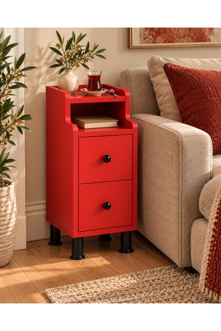 Çok Amaçlı Modern Yan Sehpa Organizer Yatak Odası Komodin 25cm Ahşap Görünümlü Ev Tamamlayıcı Kırmızı