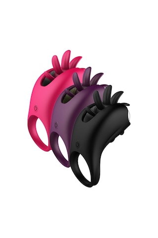 Carmine Titreşimli Dil Simülatörlü Şarj Edilebilen Silikon Su Geçirmez Penis Halkası Kırmızı