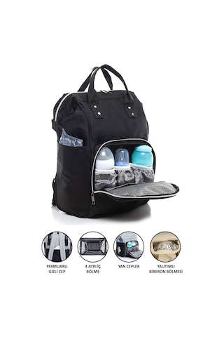 Anne Bebek Bakım Sırt Çantası Siyah Termos Bölmeli Siyah