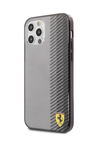 Apple Uyumlu iPhone 12 Pro Max Kılıf Ferrari Lisanlı Klasik Metal Logolu Transparan Çizgi Desenli Gradient Siyah