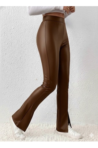 Kadın Yüksek Bel Önden Yırtmaçlı Deri Tayt Kahve