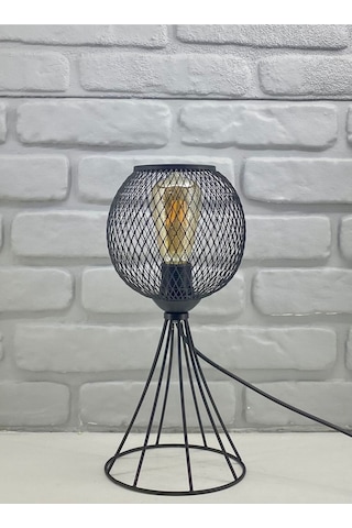 Siyah Metal Tel Ayaklı Hasır Küre Tel Şapkalı Abajur Masa Lambası Siyah