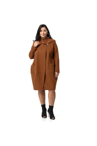 Büyük Beden Torba Cepli Tek Düğmeli Astarlı Kahverengi Kaşe Kaban-kahverengi Kahverengi