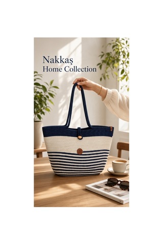 Nakkaş Home Collection Jüt Kadın Çanta Hasır Görünümlü Omuz Çantası, Plaj Ve Günlük Kullanım-50x30 Cm Lacivert-beyaz
