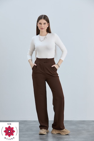 Kadın Gri Cırt Cırtlı Kapama Rahat Palazzo Likralı Esnek Beli Lastikli Pantolon Yüksek Bel Kahverengi