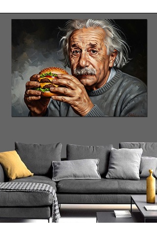 Hamburger Yiyen Bilim İnsanı Einstein Dekoratif Kanvas - Mdf Ahşap Tablo