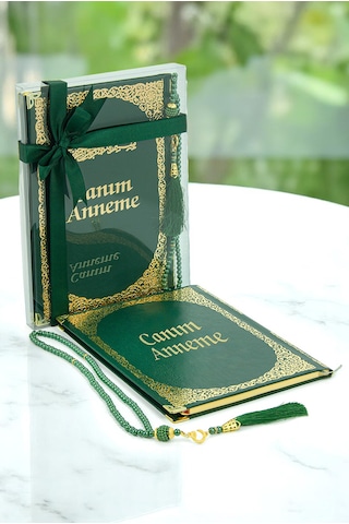 Anneye Hediye Kutulu İnci Tesbihli Ciltli Yasin Kitabı Seti Yeşil