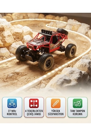Rock Crawler 1:16 Ölçek 4x4 Uzaktan Kumandalı Buggy Jeep 27 Mhz Kumanda Kontrollü Oyuncak Jeep Kırmızı