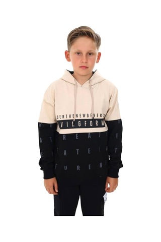 Erkek Çocuk Kapüşonlu Moving Forward Yazılı Harf Desenli Sweatshirt-13385-camel Camel