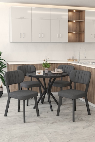 Gnr 90cm Sabit Siyah Mutfak Masası Takımı, Yemek Masası, 4 Modern Antrasit Sandalye Antrasit