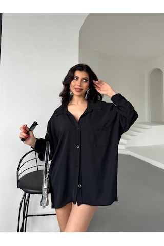 Paw Garage Kadın Flory Ayrobin Oversize Tek Cep Gömlek Siyah