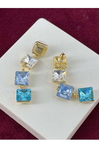Mavi Tonlarında Üç Kare Şekilli Sallantılı Gold Küpe Gold