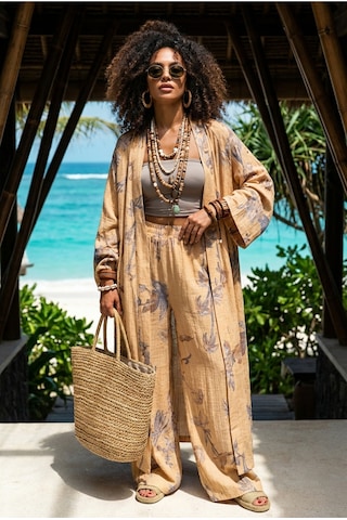 Fashion Cocktail Çiçek Yapraklı Baskılı Oversize Kimono Kaftan Lastikli Pantolon Doğal Gofre Bohem Takım Karamel