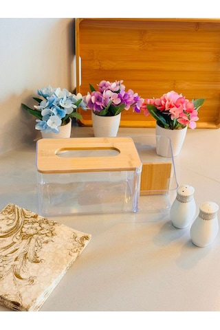 Bambu Kapaklı Plastik Peçetelik Ve Organizer, 25 X 12 X 10 Cm