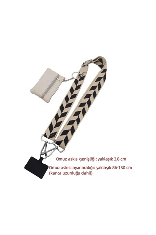 Siyah Beyaz Zigzag Desenli Ayarlanabilir Telefon Ve Çanta Askısı - Çift Fermuarlı Cüzdanlı Kordon Seti