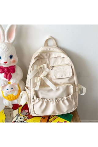 Jeemson Bej Renkli Nylon Çanta, Bow Dekorasyonlu, Çok Bölmeli, Ayarlanabilir Askılı Kemerli, Üniversite/ Günlük Kullanıma Uygun Sırt Çantası Çok Renkli