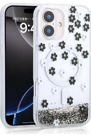 Ardemix Apple iPhone Uyumlu 16 Kılıf Sıvılı Simli Baskılı Şeffaf Arka Yüzey Mossa Silikon Kapak - Sarı