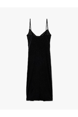 Koton Simli İp Askılı Drapeli Kruvaze Yaka Midi Slip Kadife Abiye Elbise Siyah 6wak80005fk Siyah