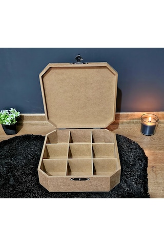 Ahşap Sekizgen Kare Model 9 Bölmeli Aksesuar Kutusu Ham Boyanır