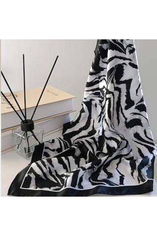 Lente Aksesuar Kadın Çok Renkli Sanatsal Çizgili Premium Kalite İpek Saten Fular 55x55cm Zebra Desen