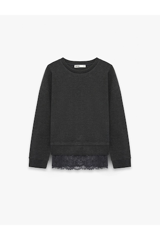 Koton Uzun Kollu Bisiklet Yaka Dantel Detaylı Sweatshirt Antrasit 6sak40070ek