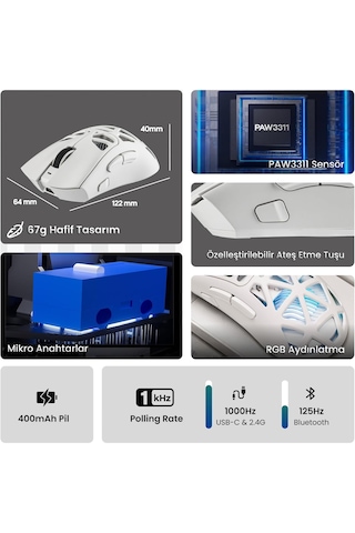 Aula Sc620 Paw3311 Sensör 12000 Dpı 1000hz Kablolu Ve Kablosuz Gaming Oyuncu Mouse Beyaz Sc620