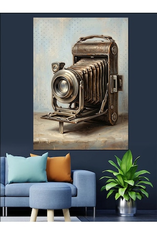 Teknik Çizimli Antik Fotoğraf Makinesi Dekoratif Kanvas - Mdf Ahşap Tablo