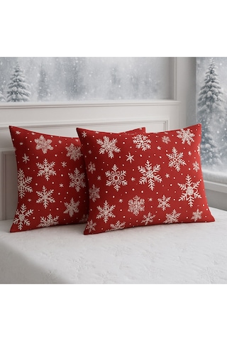 Lionas Desenli Pamuklu Yılbaşı Kar Desen Yastık Kılıfı 2 Adet 50 X 70 Cm Kırmızı