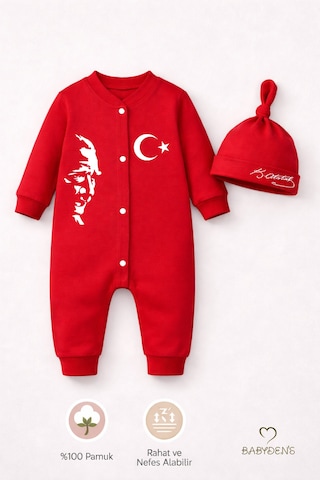 Babyden's 2 Li Bebek Tulum Seti, İlk 23 Nisan Bayramı Atatürk Baskılı Yenidoğan Bebek Tulum Şapka Set Unisex Kırmızı