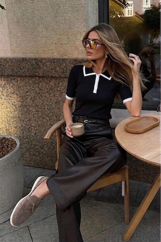 De Pose Siyah Kısa Kollu Premium Polo Yaka Fermuarlı Triko Kadın T-shirt