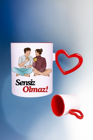Sensiz Olmaz Baskılı Kalpli Kırmızı Kupa Bardak Çay Kahve Fincanı Beyaz